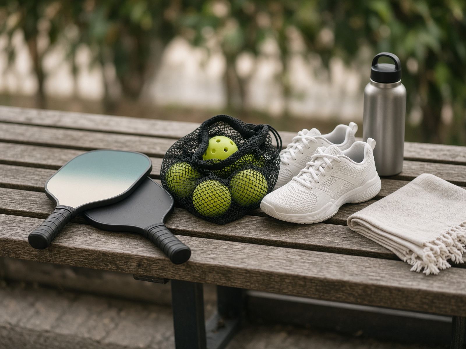 Pickleball paddles, yellow balls, court shoes, and a water bottle on a wooden bench