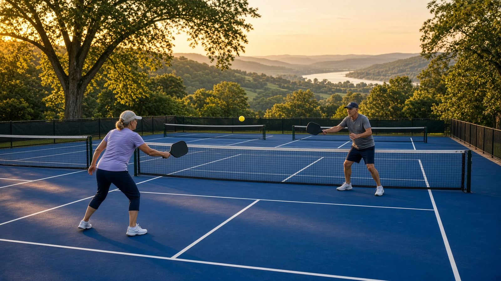 Outdoor pickleball courts in a Northern Kentucky park at golden hour