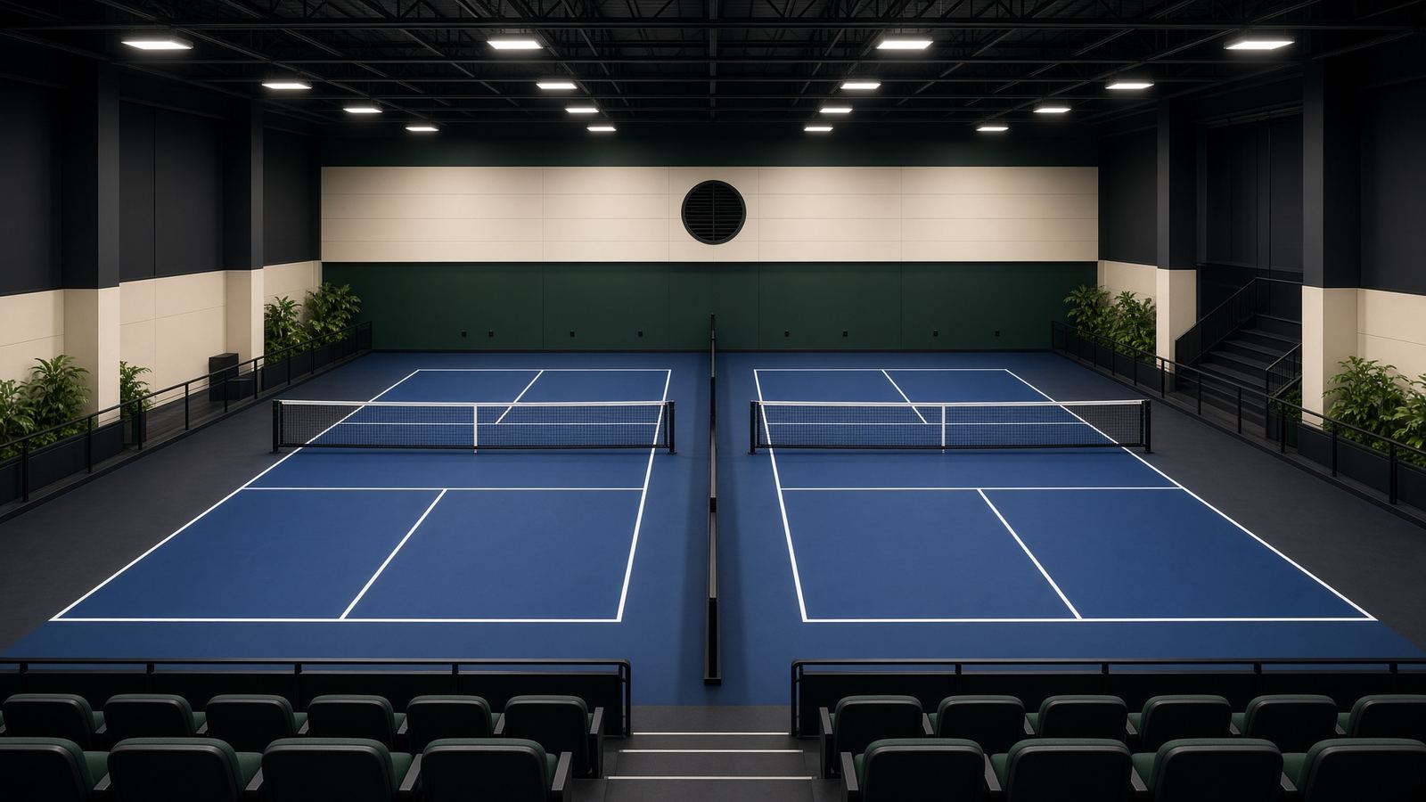 Indoor pickleball courts with overhead lighting