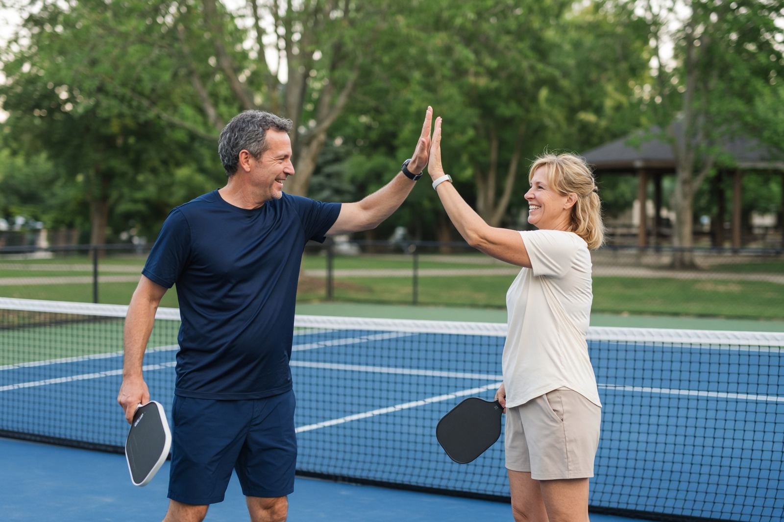 Two adult pickleball players celebrating a point over the net